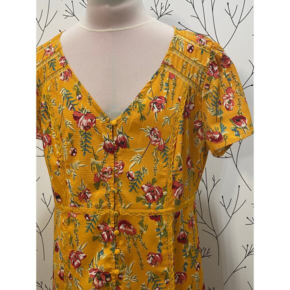 UMGEE Golden Yellow Floral Print Midi Maxi Dress Vneck Button Front Lace LARGE - Picture 2 of 6